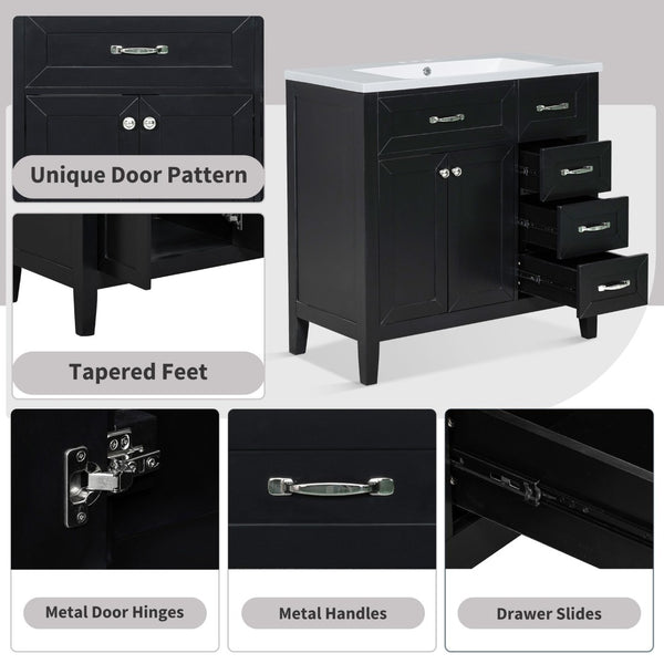 English Elm 36" Freestanding Bathroom Vanity Solid Rubberwood Cabinet with Ceramic Sink and Three Drawers Black JL000007AAB-6