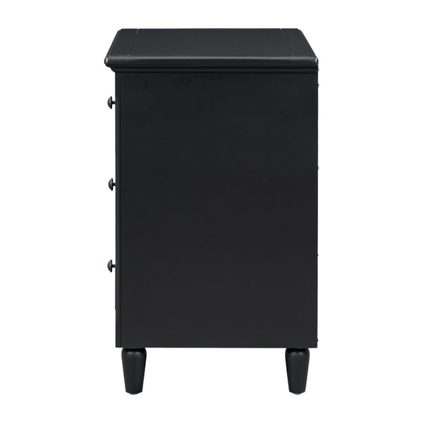 English Elm U_style Three Drawer Painted Nightstand Rubberwood Legs Minimalist Bedside Storage Cabinet Black WF319366AAB