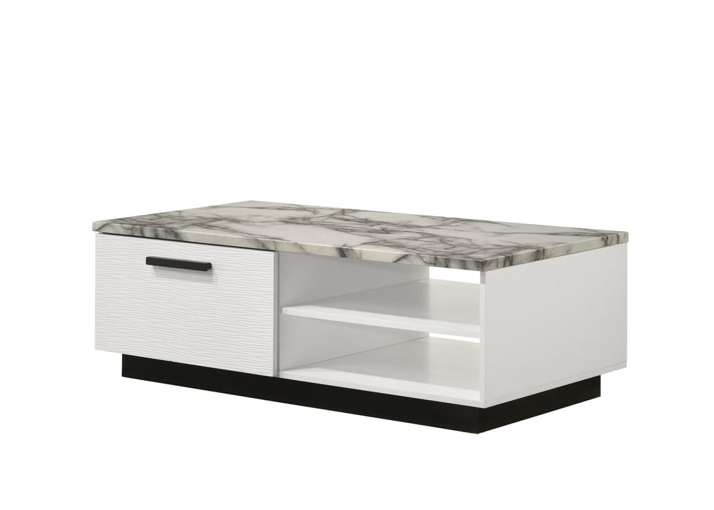 English Elm Matilda Faux Marble Coffee Table with Open Shelf Drawer and Matte Black Base B061P160680
