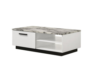 English Elm Matilda Faux Marble Coffee Table with Open Shelf Drawer and Matte Black Base B061P160680