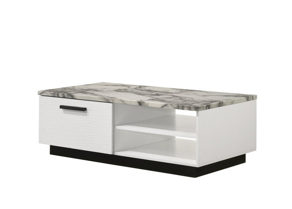 English Elm Matilda Faux Marble Coffee Table with Open Shelf Drawer and Matte Black Base B061P160680