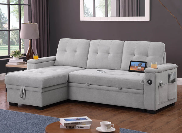 English Elm Ashlyn Reversible Sleeper Sectional Woven Fabric Sofa with Storage and Charging Ports B061S00843