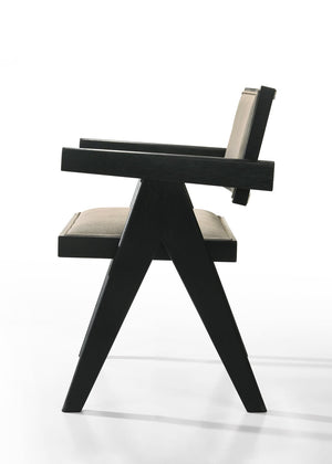 English Elm Jasper Solid Wood Arm Dining Chairs Set of 2 Ebony Frame Beige Upholstered Seat B061P160681