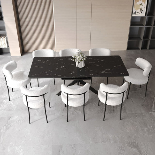English Elm 62.4" Extendable Mdf Dining Set with X Base and Eight Upholstered Curved Chairs Black White W2189S00954