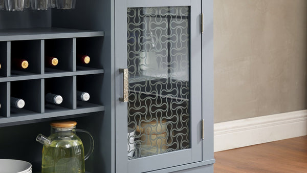 English Elm Modern Farmhouse Sideboard with Glass Doors Wine Rack and Two-tone Oak Blue Finish W1758P147682