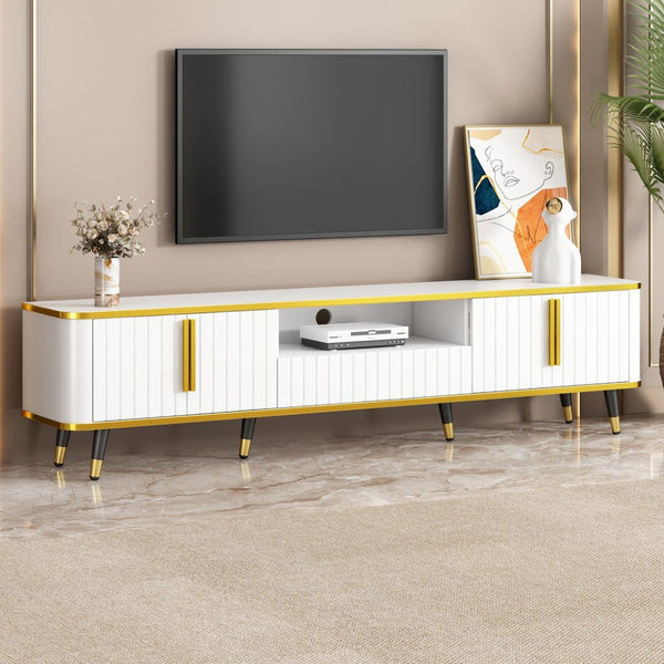English Elm On-trend Glam Minimalist Media Console with Gold Iron Legs Open Shelf for Living Room White+Gold WF320395AAK