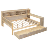 English Elm Wooden Full Size Daybed With Storage Shelves, Multi-Functional Bed With Two Storage Drawers and Study Desk, Natural