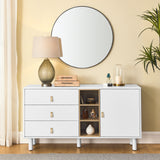 Hearth and Haven Hike Dresser with 3 Open Storages, 3 Drawers and Leather Handles, White W1781P148583