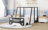 Hearth and Haven Twin Size Car-Shaped Bed with Roof, Wooden Twin Floor Bed with Wheels and Door Design, Montessori Inspired Bedroom, Black W504140570