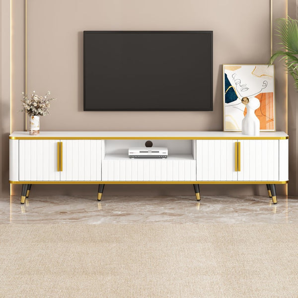 English Elm On-trend Glam Minimalist Media Console with Gold Iron Legs Open Shelf for Living Room White+Gold WF320395AAK