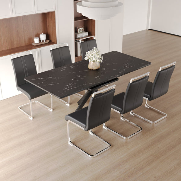 English Elm 62.4" Expandable Dining Table Set For 6-8 With Black Metal Legs & Soft Padded Chairs For Modern Homes W2189S00124