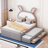 Full Size Upholstered Platform Bed with Trundle and 3 Drawers, Rabbit-Shaped Headboard with Embedded Led Lights
