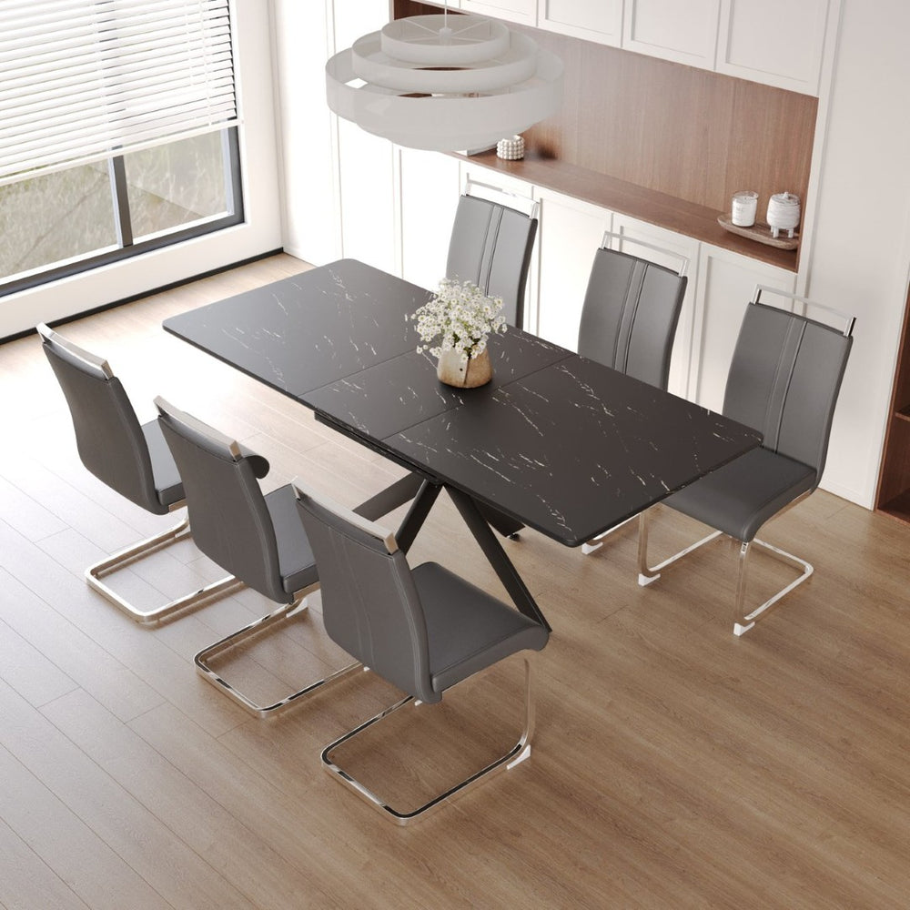 English Elm 62.4" Extendable Mdf Dining Table Set Seats 8 with Padded Chairs and X-frame Legs W2189S00958