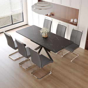 English Elm 62.4" Extendable Mdf Dining Table Set Seats 8 with Padded Chairs and X-frame Legs W2189S00958