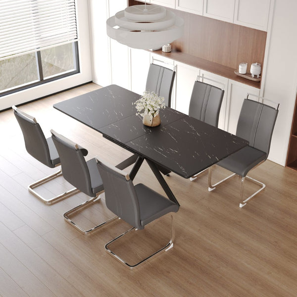 English Elm 62.4" Extendable Mdf Dining Table Set Seats 8 with Padded Chairs and X-frame Legs W2189S00958
