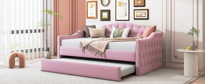 English Elm Twin Velvet Tufted Daybed with Pull Out Trundle and Built in Usb Charging Ports N733S422848H