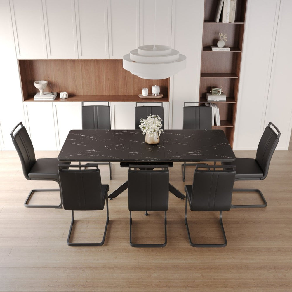 English Elm 62.4" Extendable Dining Table Set Seats 8 with Mdf Top X-frame Metal Legs Padded Chairs Black W2189S00960