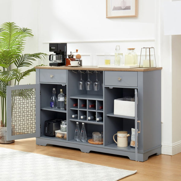 English Elm Modern Farmhouse Sideboard with Glass Doors Wine Rack and Two-tone Oak Blue Finish W1758P147682