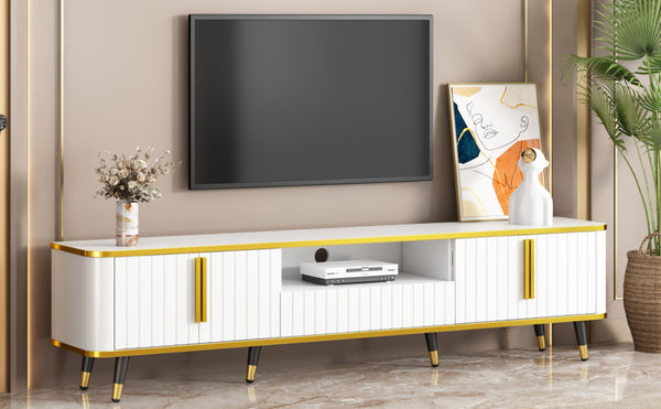English Elm On-trend Glam Minimalist Media Console with Gold Iron Legs Open Shelf for Living Room White+Gold WF320395AAK
