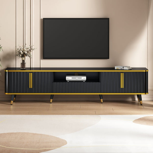 English Elm On-trend Glam Minimalist Media Console with Gold Iron Legs Open Shelf for Living Room Gold+Black WF320395AAB