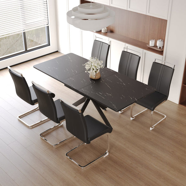 English Elm 62.4" Expandable Dining Table Set For 6-8 With Black Metal Legs & Soft Padded Chairs For Modern Homes W2189S00124