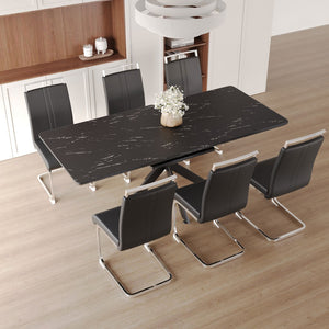 English Elm 62.4" Extendable Dining Table Set Seats 8 with Padded Chairs and X-frame Metal Legs W2189S00820