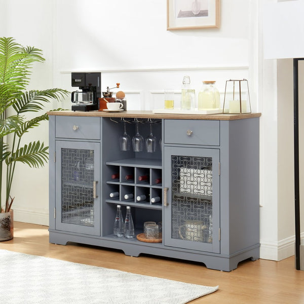 English Elm Modern Farmhouse Sideboard with Glass Doors Wine Rack and Two-tone Oak Blue Finish W1758P147682