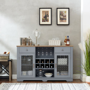 English Elm Modern Farmhouse Sideboard with Glass Doors Wine Rack and Two-tone Oak Blue Finish W1758P147682