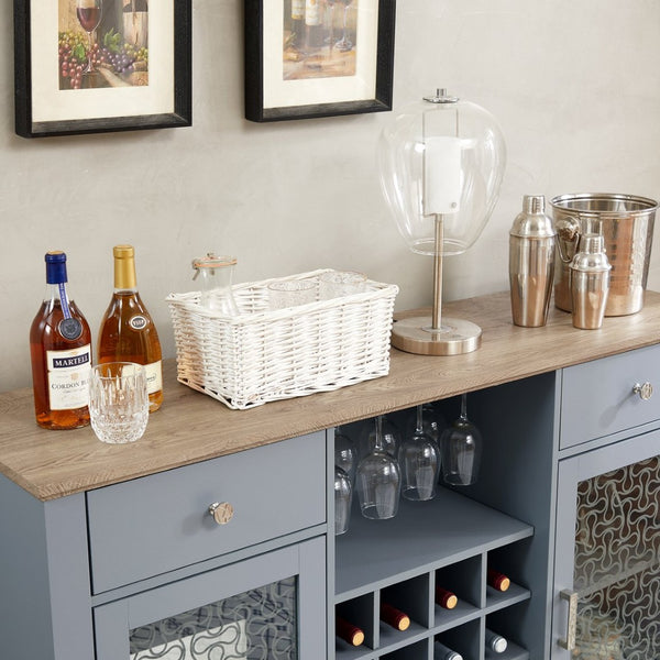English Elm Modern Farmhouse Sideboard with Glass Doors Wine Rack and Two-tone Oak Blue Finish W1758P147682
