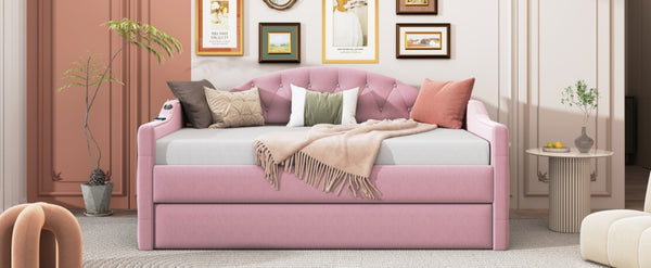 English Elm Twin Velvet Tufted Daybed with Pull Out Trundle and Built in Usb Charging Ports N733S422848H