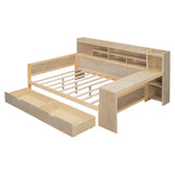 English Elm Wooden Full Size Daybed With Storage Shelves, Multi-Functional Bed With Two Storage Drawers and Study Desk, Natural