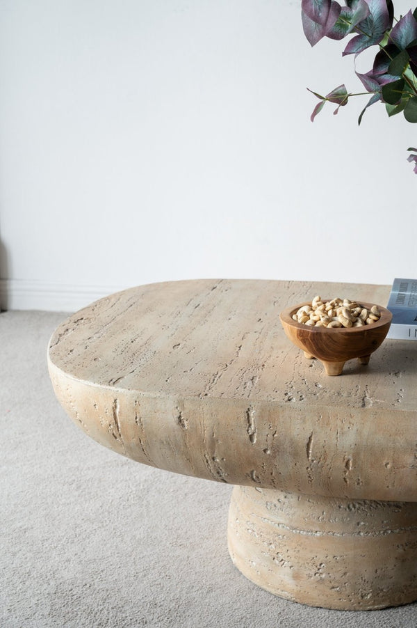 English Elm 36x24x15" Oval Pedestal Coffee Table Sculptural Magnesium Base for Modern Living Rooms Cream W2078P161503