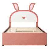 Hearth and Haven Full Size Upholstered Platform Bed with Trundle and 3 Drawers, Rabbit-Shaped Headboard with Embedded Led Lights SF000114AAH