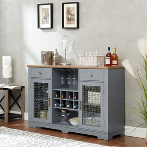 English Elm Modern Farmhouse Sideboard with Glass Doors Wine Rack and Two-tone Oak Blue Finish W1758P147682