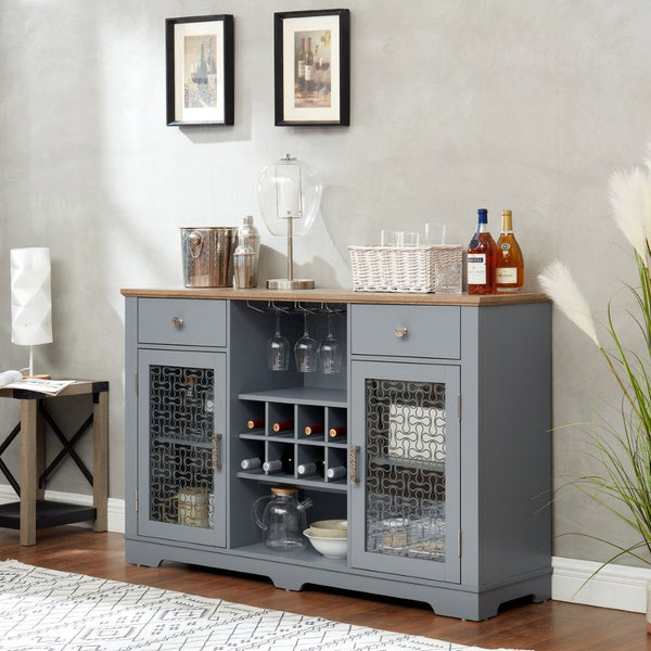English Elm Modern Farmhouse Sideboard with Glass Doors Wine Rack and Two-tone Oak Blue Finish W1758P147682