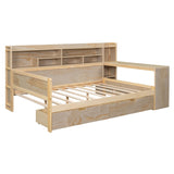 English Elm Wooden Full Size Daybed With Storage Shelves, Multi-Functional Bed With Two Storage Drawers and Study Desk, Natural