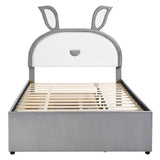 Hearth and Haven Full Size Upholstered Platform Bed with Trundle and 3 Drawers, Rabbit-Shaped Headboard with Embedded Led Lights SF000114AAE