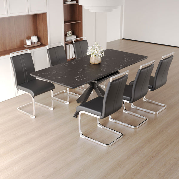 English Elm 62.4" Expandable Dining Table Set For 6-8 With Black Metal Legs & Soft Padded Chairs For Modern Homes W2189S00124