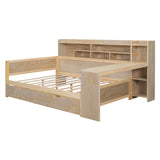 English Elm Wooden Full Size Daybed With Storage Shelves, Multi-Functional Bed With Two Storage Drawers and Study Desk, Natural