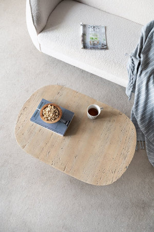 English Elm 36x24x15" Oval Pedestal Coffee Table Sculptural Magnesium Base for Modern Living Rooms Cream W2078P161503