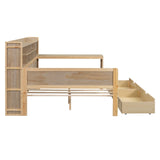 English Elm Wooden Full Size Daybed With Storage Shelves, Multi-Functional Bed With Two Storage Drawers and Study Desk, Natural