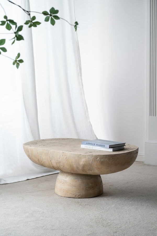 English Elm 36x24x15" Oval Pedestal Coffee Table Sculptural Magnesium Base for Modern Living Rooms Cream W2078P161503