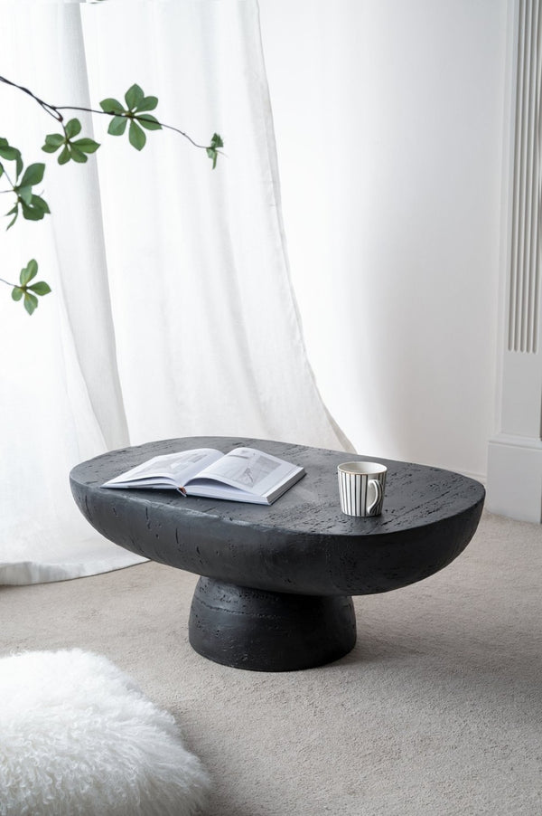 English Elm 36x24x15" Oval Pedestal Coffee Table Sculptural Magnesium Base for Modern Living Rooms Black W2078P161504