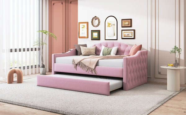 English Elm Twin Velvet Tufted Daybed with Pull Out Trundle and Built in Usb Charging Ports N733S422848H