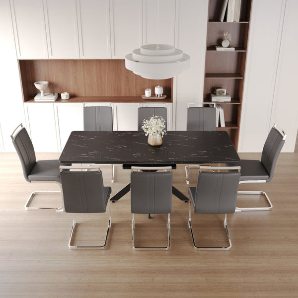 English Elm 62.4" Extendable Mdf Dining Table Set 8 Armless Padded Chairs X-frame Metal Legs W2189S00957