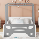 Hearth and Haven Twin Size Car-Shaped Bed with Roof, Wooden Twin Floor Bed with Wheels and Door Design, Montessori Inspired Bedroom, Grey W504140564