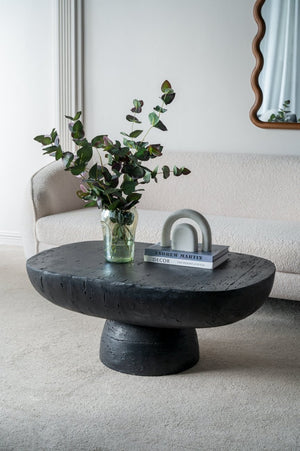 English Elm 36x24x15" Oval Pedestal Coffee Table Sculptural Magnesium Base for Modern Living Rooms Black W2078P161504
