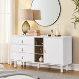 Hearth and Haven Hike Dresser with 3 Open Storages, 3 Drawers and Leather Handles, White W1781P148583