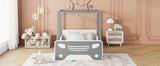 Hearth and Haven Twin Size Car-Shaped Bed with Roof, Wooden Twin Floor Bed with Wheels and Door Design, Montessori Inspired Bedroom, Grey W504140564