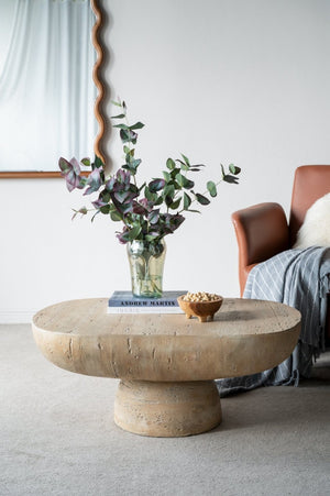 English Elm 36x24x15" Oval Pedestal Coffee Table Sculptural Magnesium Base for Modern Living Rooms Cream W2078P161503